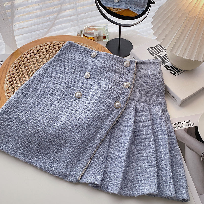 Pearl Buckle High Waist Pleated A- Line Skirt