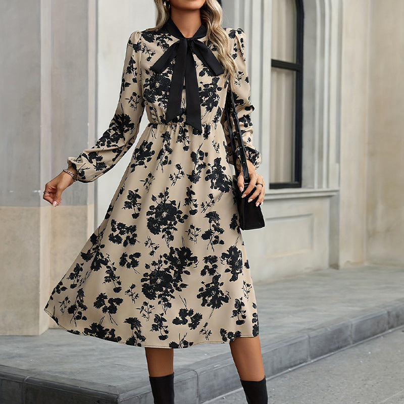 Womens Mid-Length A-Line Dress With Long Sleeves Neck Tie And Lacing