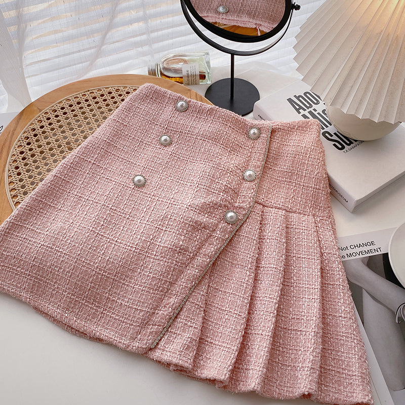 Pearl Buckle High Waist Pleated A- Line Skirt