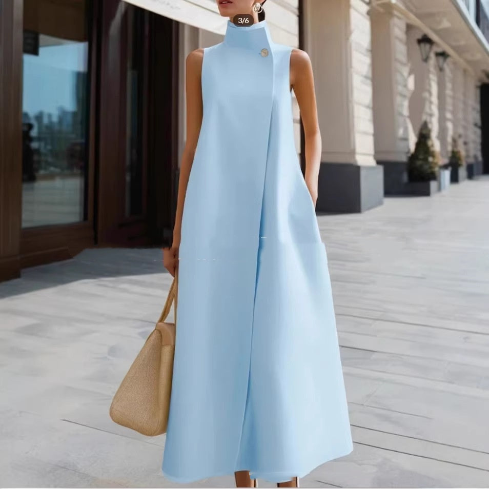 Solid-color Stand-up Collar Sleeveless Loose Cotton Dress