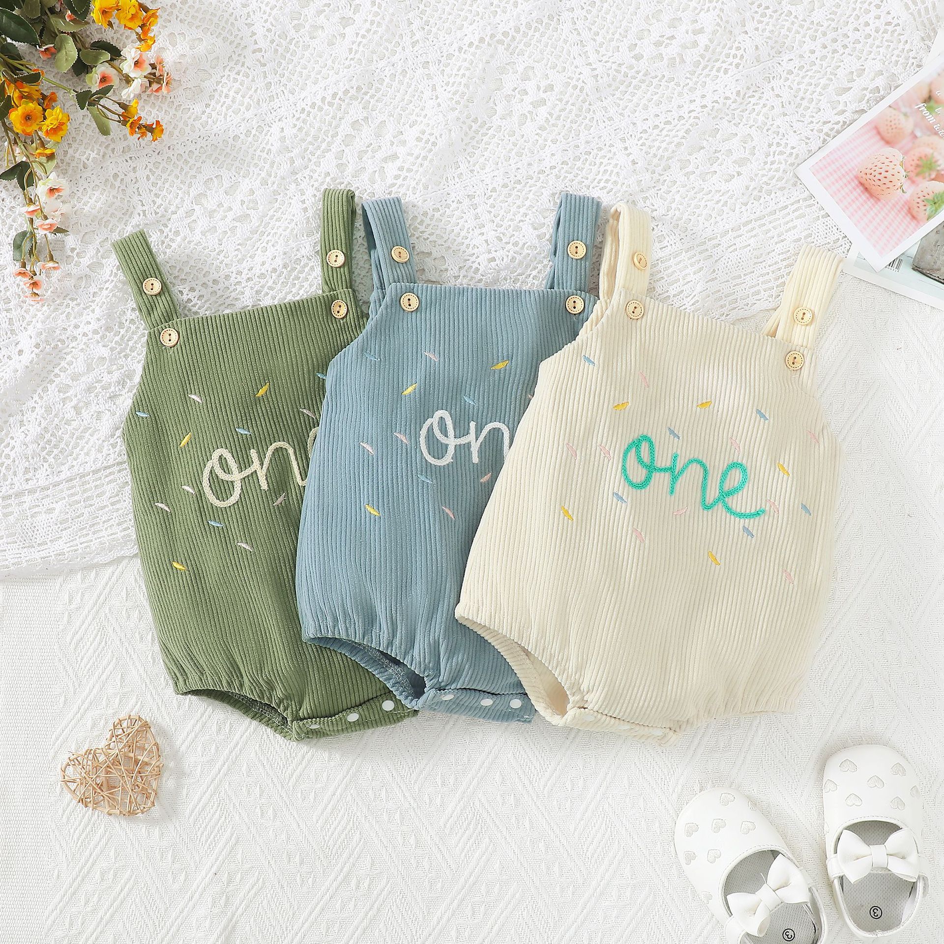 Baby Corduroy Embroidery Strap Romper