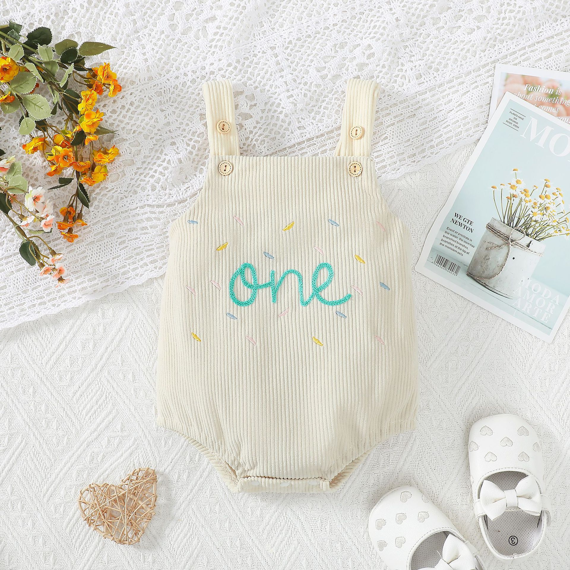 Baby Corduroy Embroidery Strap Romper