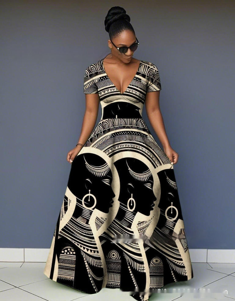 Womens 3D Digital Print V-Neck Short-SleeveLong-Sleeve Plus-Size Dress
