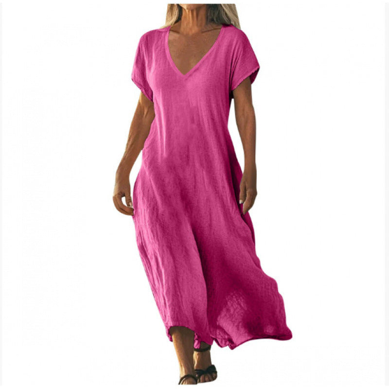 Cotton Linen V-neck Short Sleeve Loose Dress