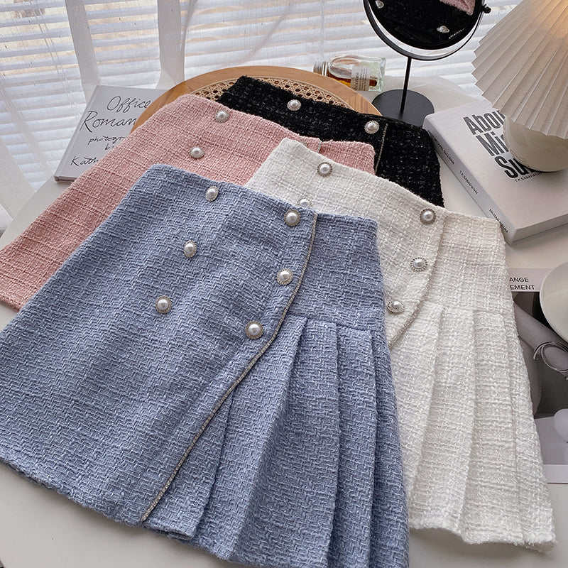 Pearl Buckle High Waist Pleated A- Line Skirt