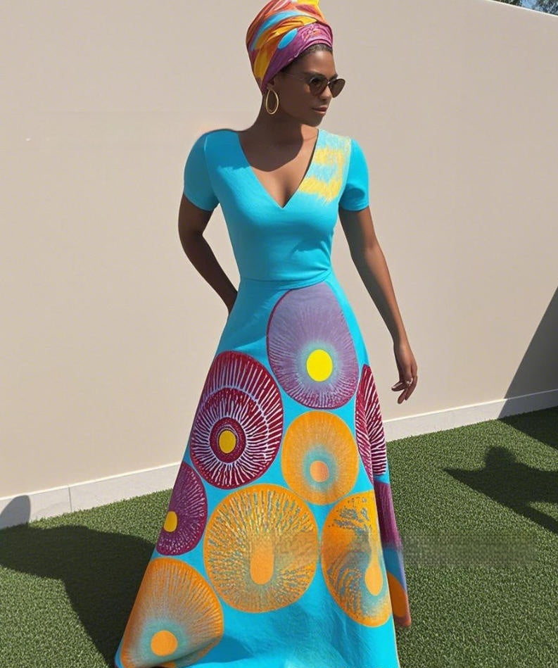 Womens 3D Digital Print V-Neck Short-SleeveLong-Sleeve Plus-Size Dress