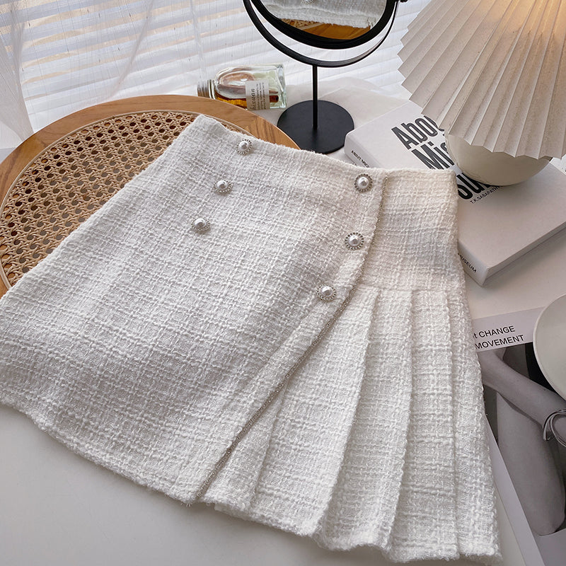 Pearl Buckle High Waist Pleated A- Line Skirt