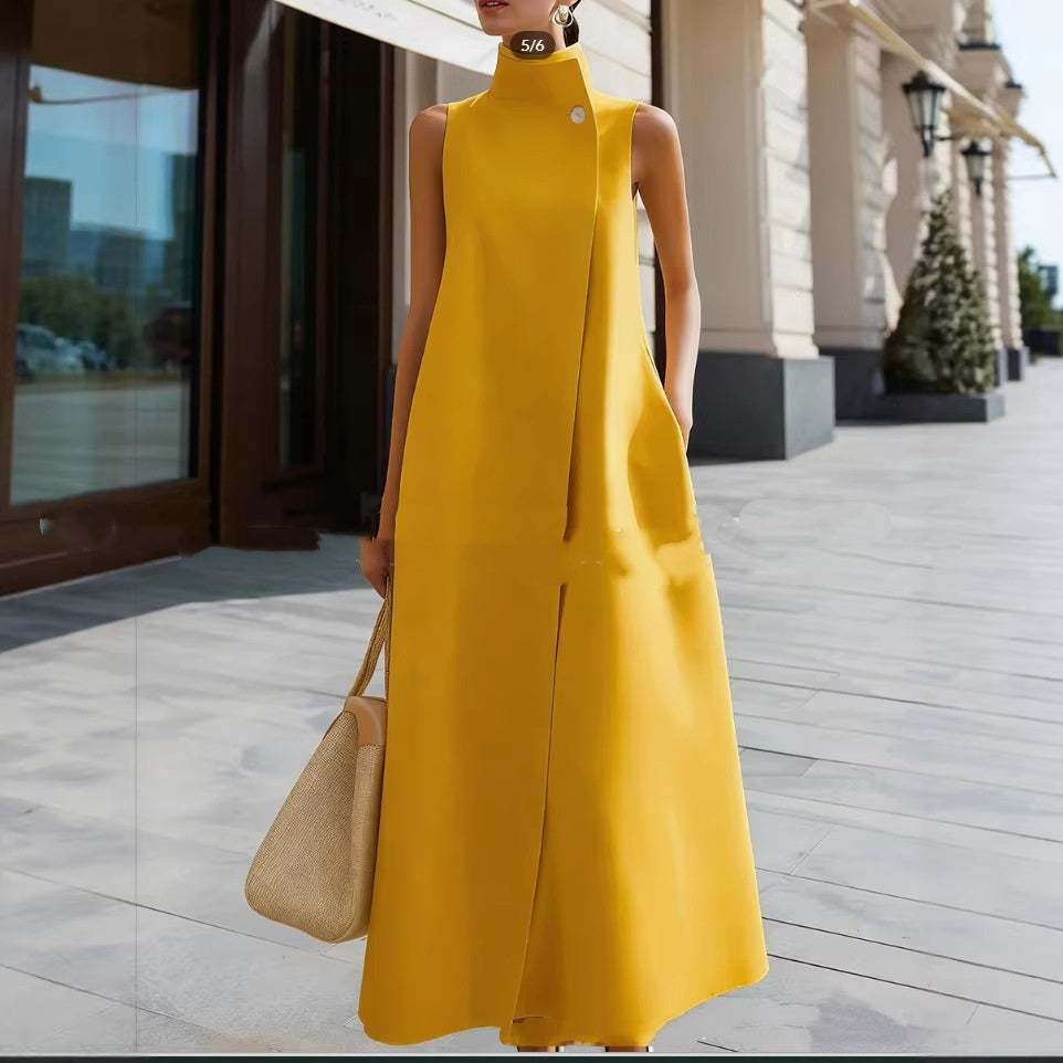 Solid-color Stand-up Collar Sleeveless Loose Cotton Dress