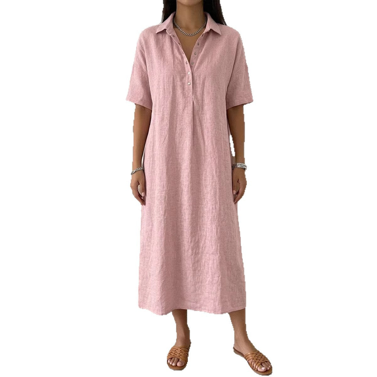 Straight-cut Linen Dress With A Polo Collar