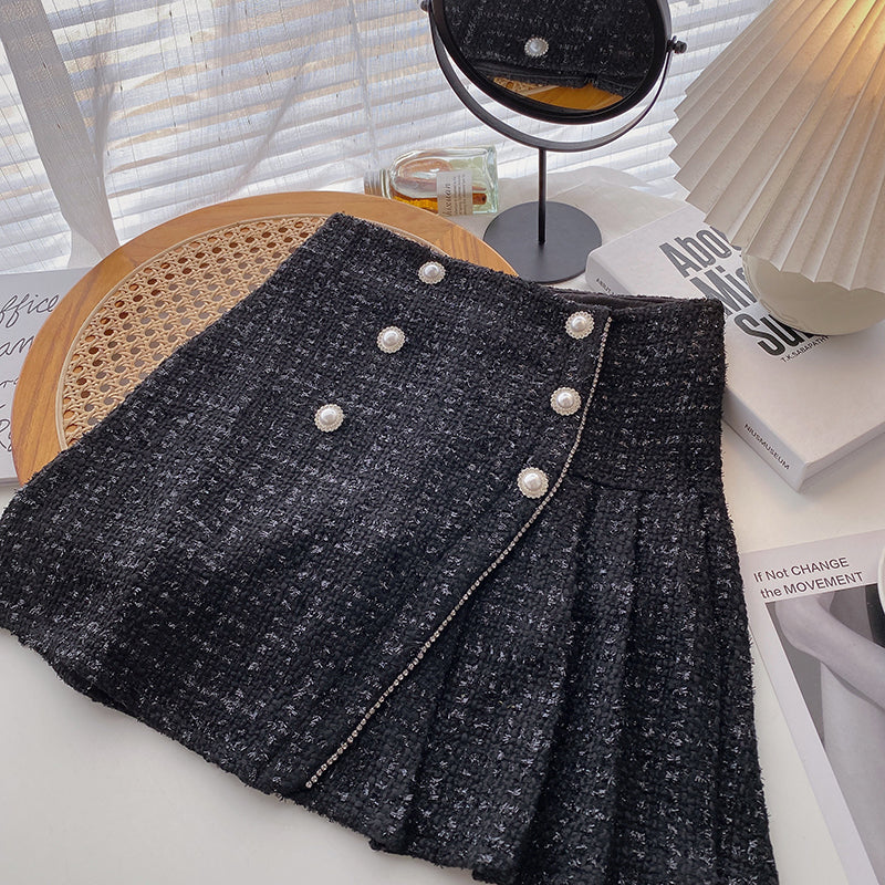 Pearl Buckle High Waist Pleated A- Line Skirt