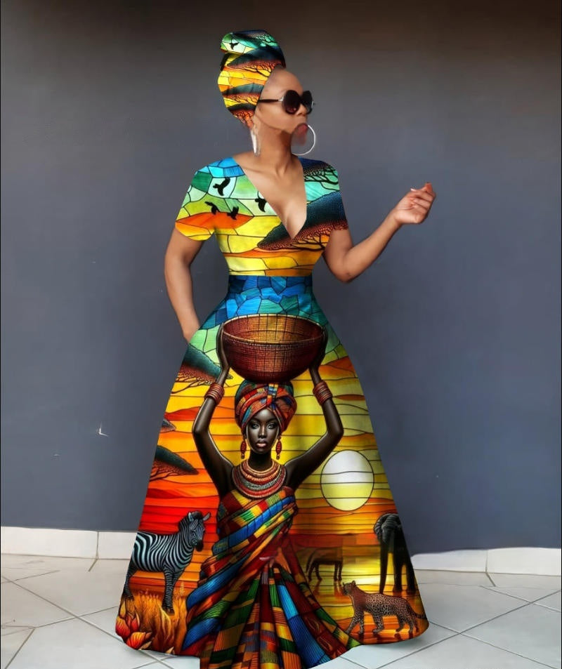 Womens 3D Digital Print V-Neck Short-SleeveLong-Sleeve Plus-Size Dress
