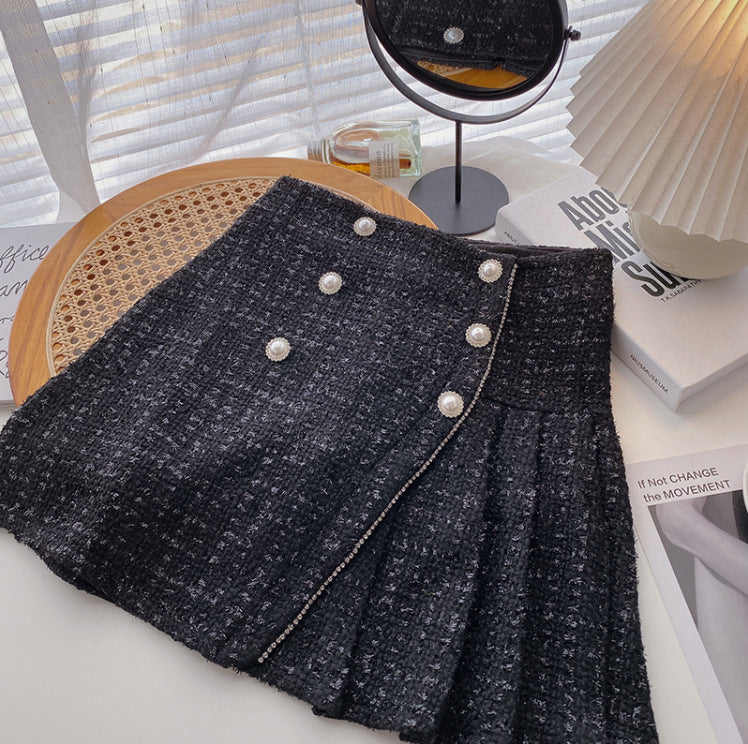Pearl Buckle High Waist Pleated A- Line Skirt