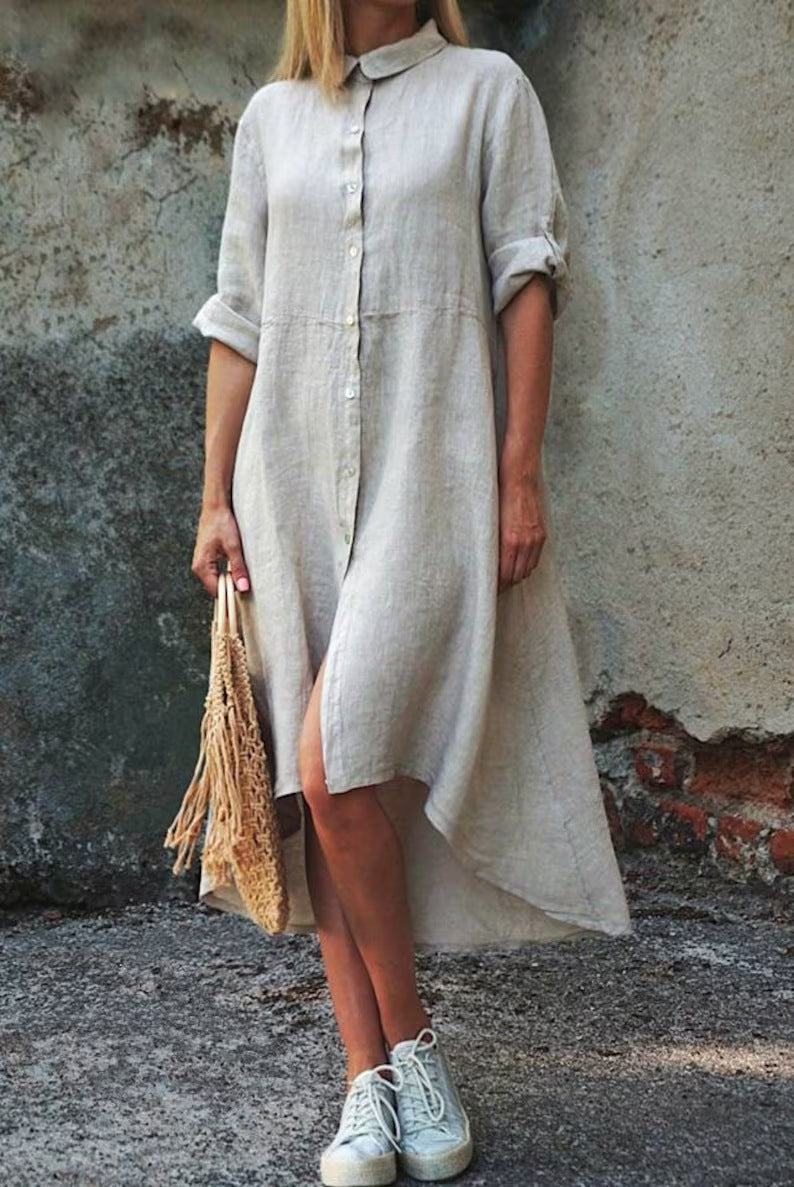 Cotton-Linen Solid Color Casual Shirt-Style Long Dress