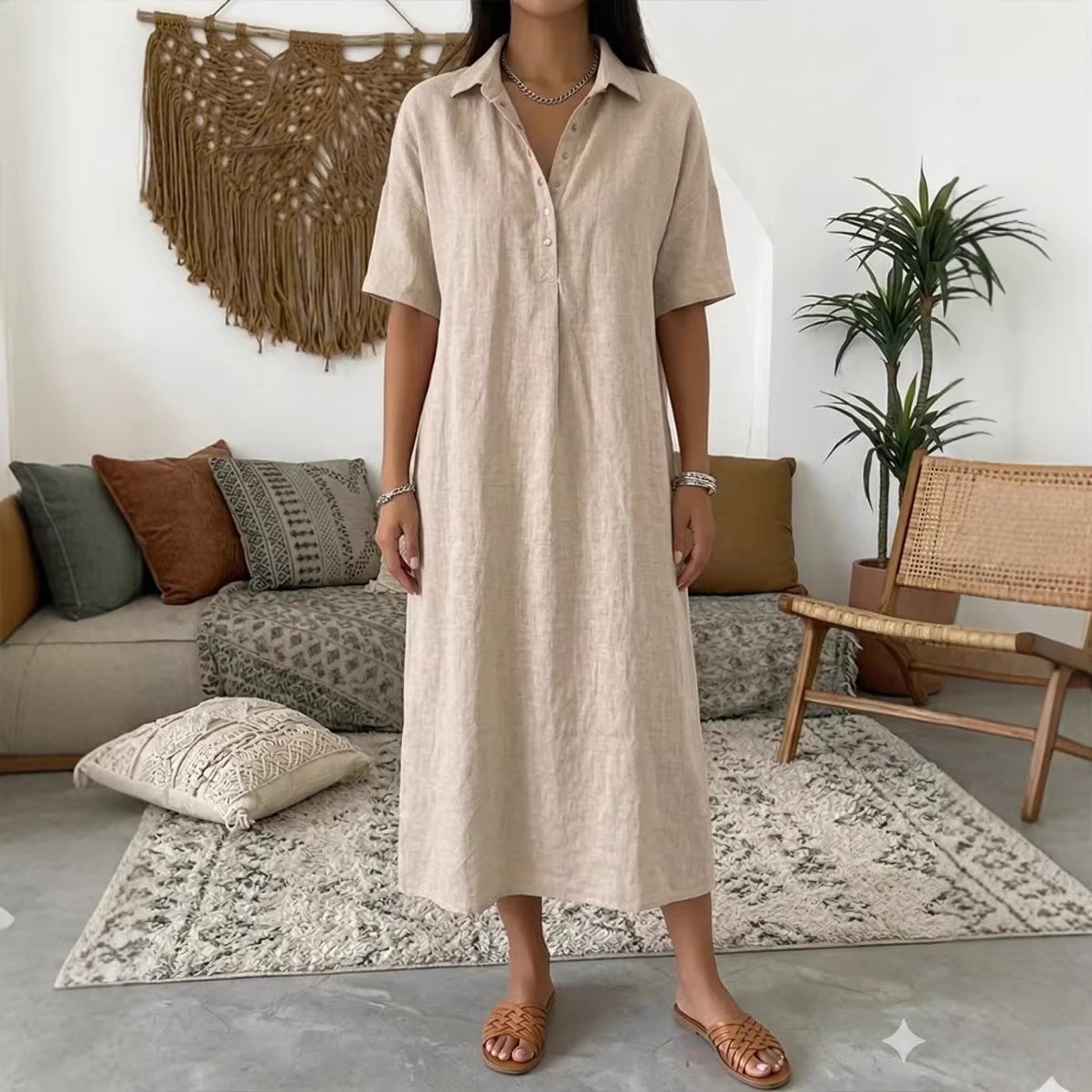 Straight-cut Linen Dress With A Polo Collar