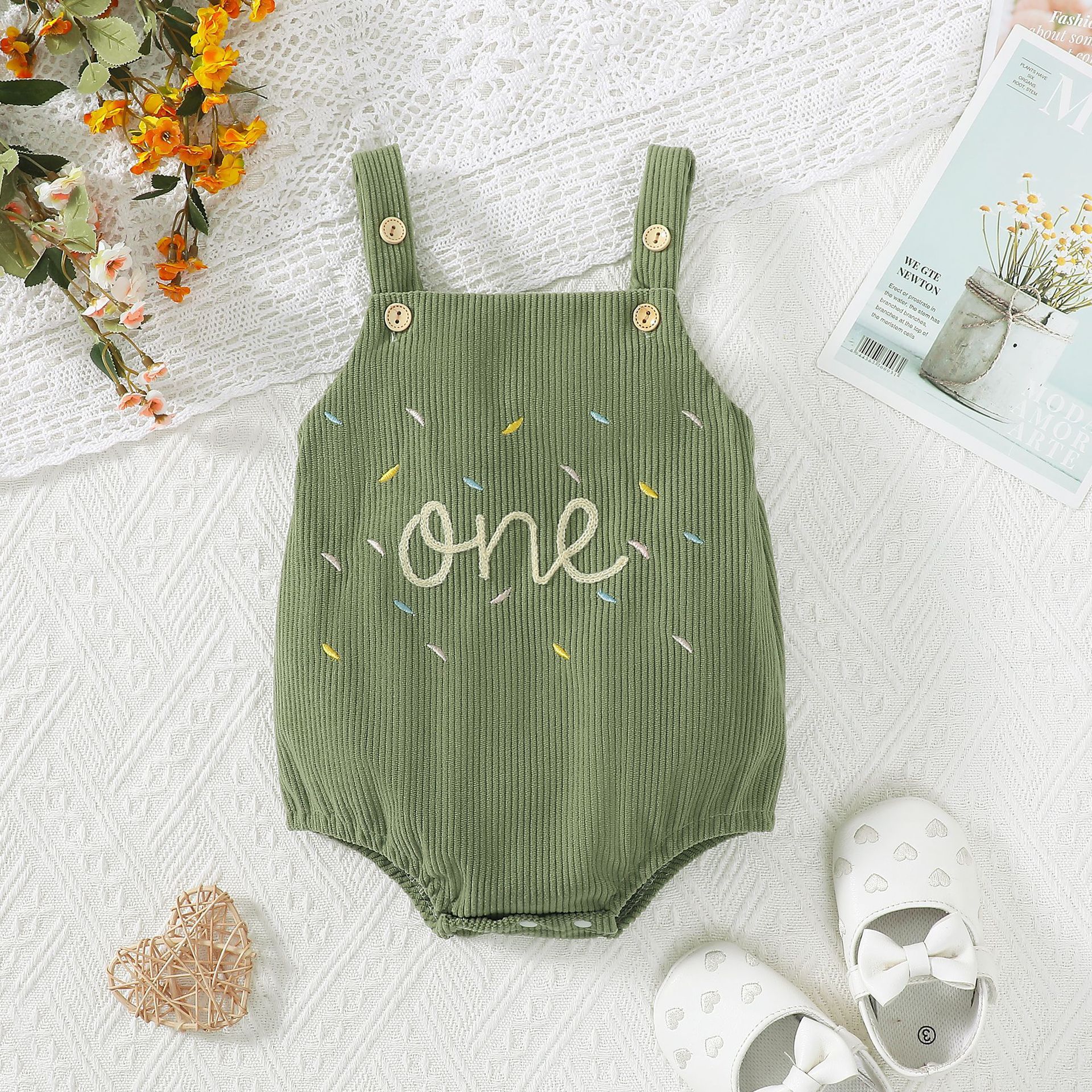 Baby Corduroy Embroidery Strap Romper