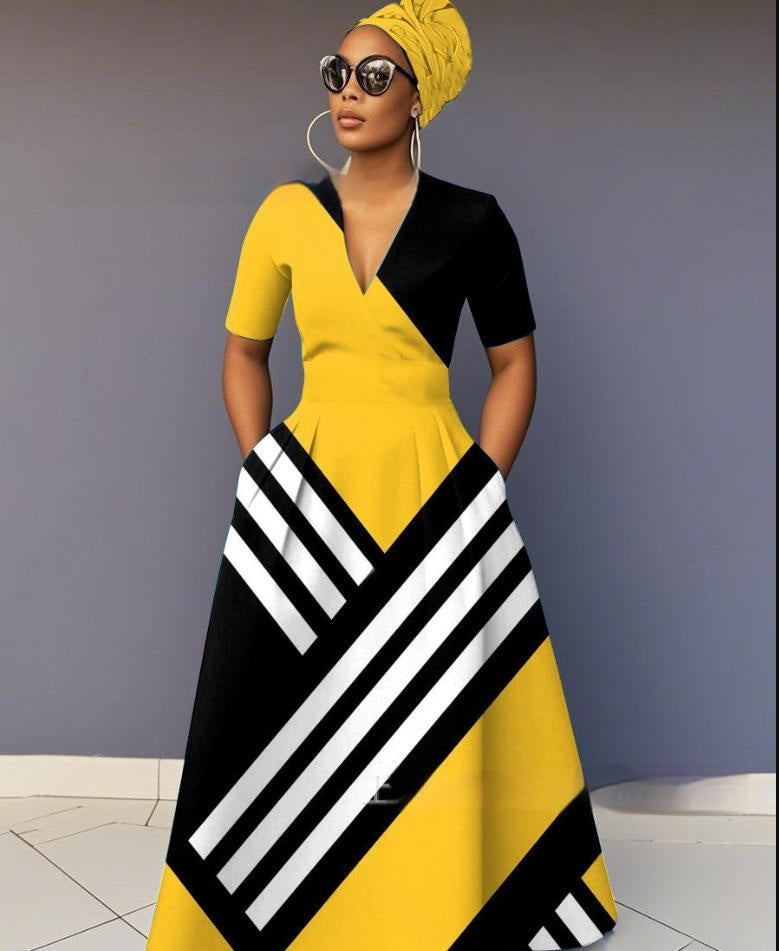 Womens 3D Digital Print V-Neck Short-SleeveLong-Sleeve Plus-Size Dress