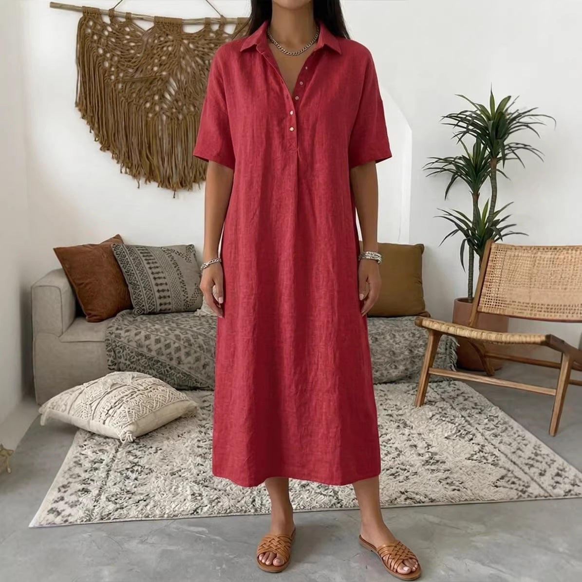 Straight-cut Linen Dress With A Polo Collar