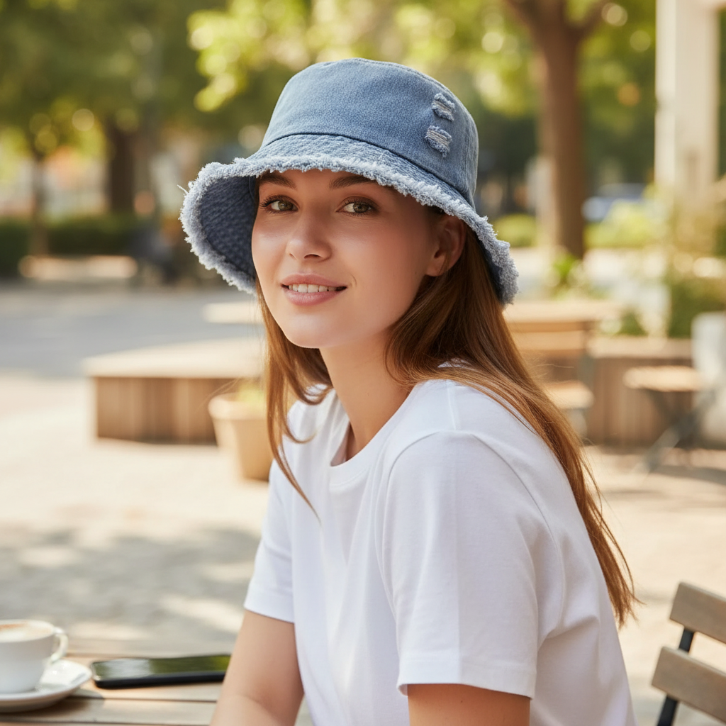 Denim hat being worn