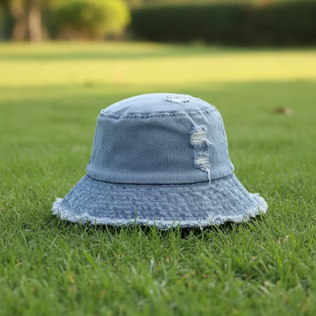 Denim hat on green grass
