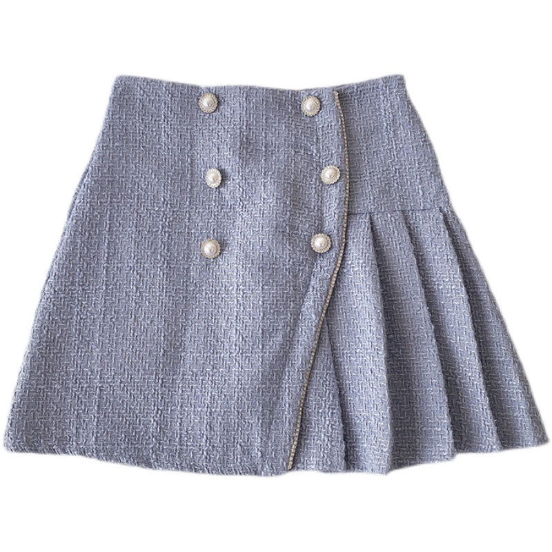 Pearl Buckle High Waist Pleated A- Line Skirt