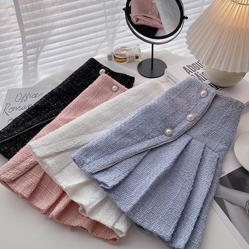 Pearl Buckle High Waist Pleated A- Line Skirt