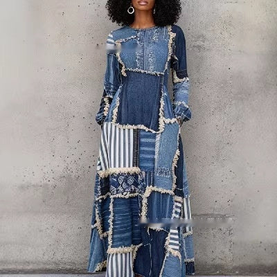 Womens 3D Digital Print Crew Neck Long Sleeve Pocketed Dress Plus Size Maxi Dress
