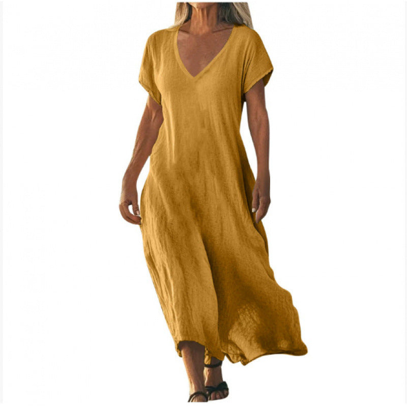 Cotton Linen V-neck Short Sleeve Loose Dress