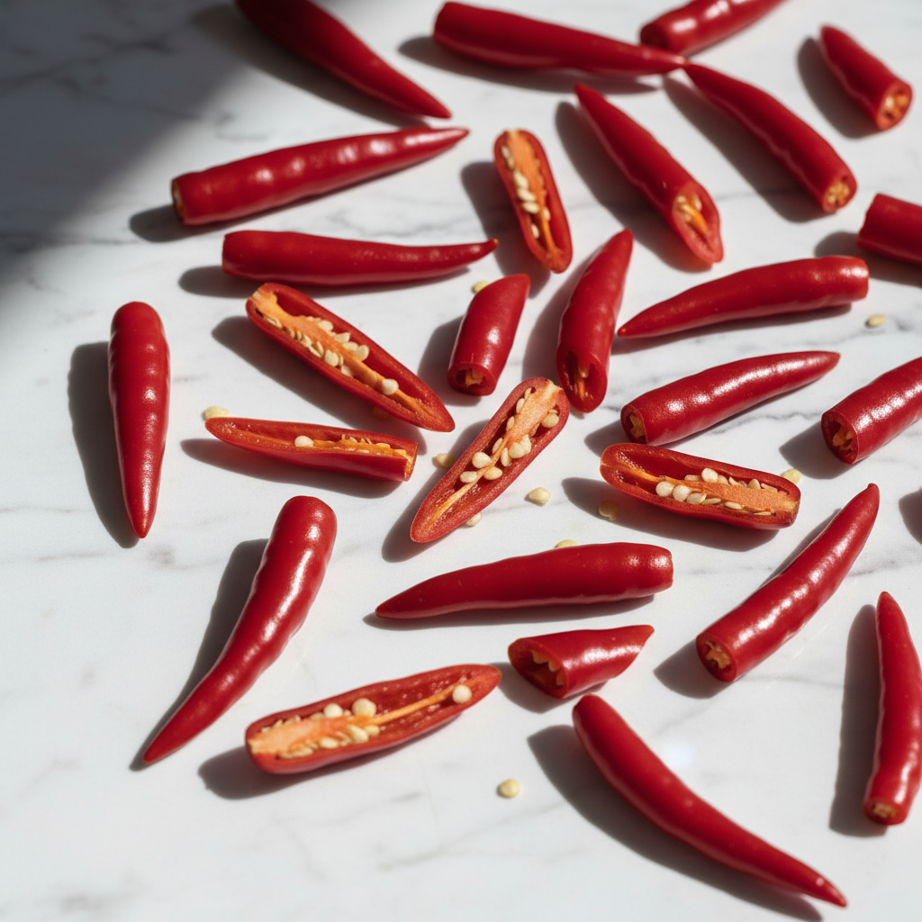Fresh hot cayenne chili peppers on white marble - Spicy Capsicum Supplement
