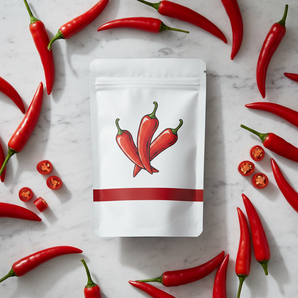 Spicy Capsicum supplement pouch with red chili peppers flat lay on white marble