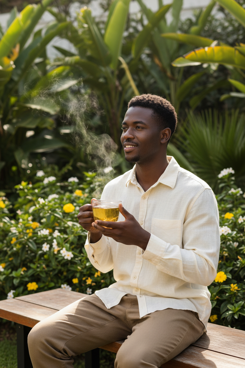 Man holding a transparent cup of Flat Tummy Tea with Moringa outdoors