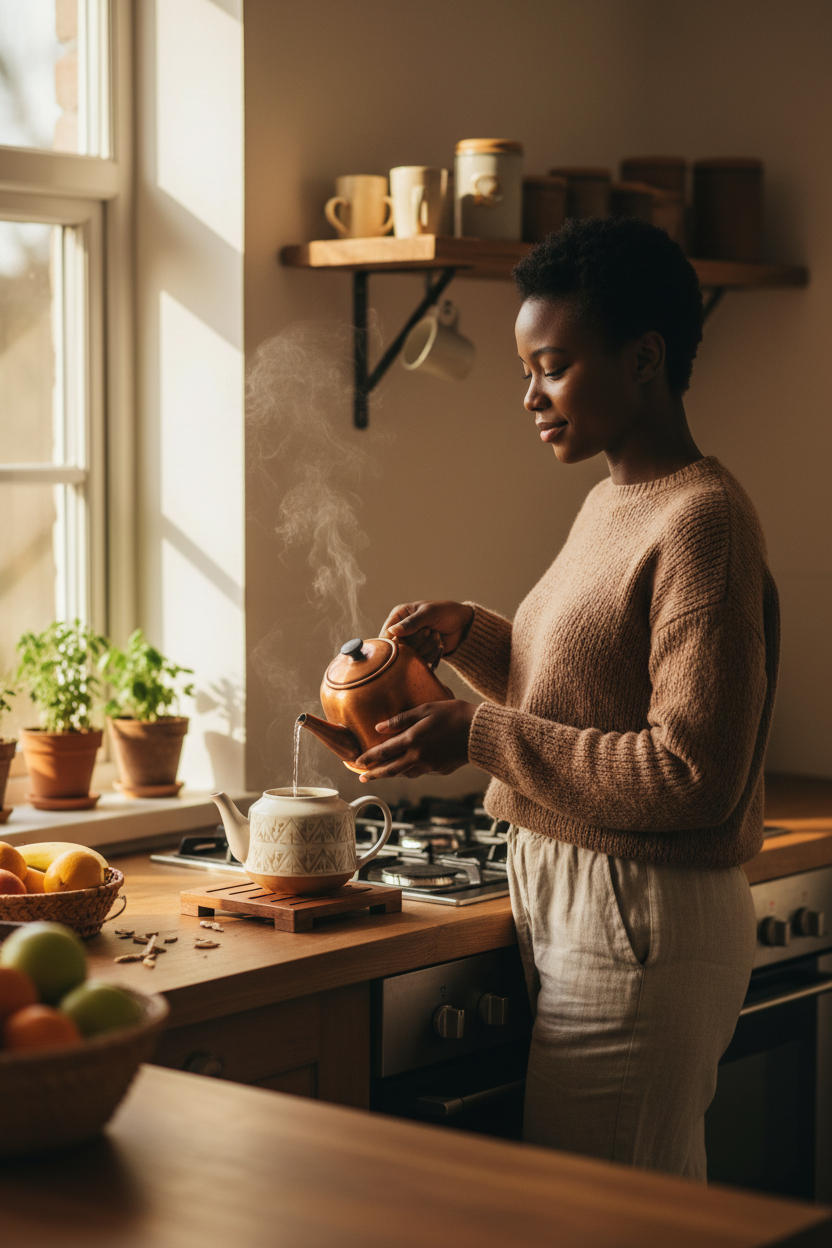 Woman preparing tea at the stove with a teapot - Spicy Capsicum Supplement