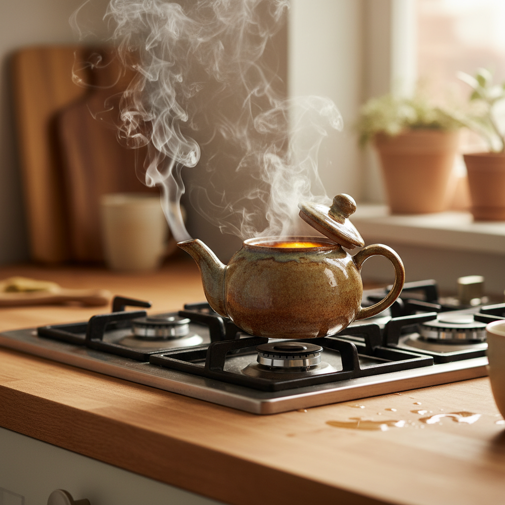 Tea pot on stove with steam rising - Flat Tummy Tea with Green Tea